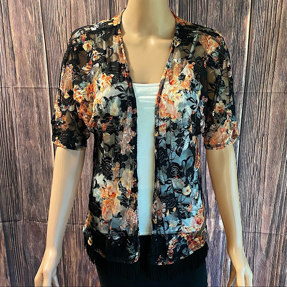 anthropologie sz small black pink orange floral lace cardigan with tassels